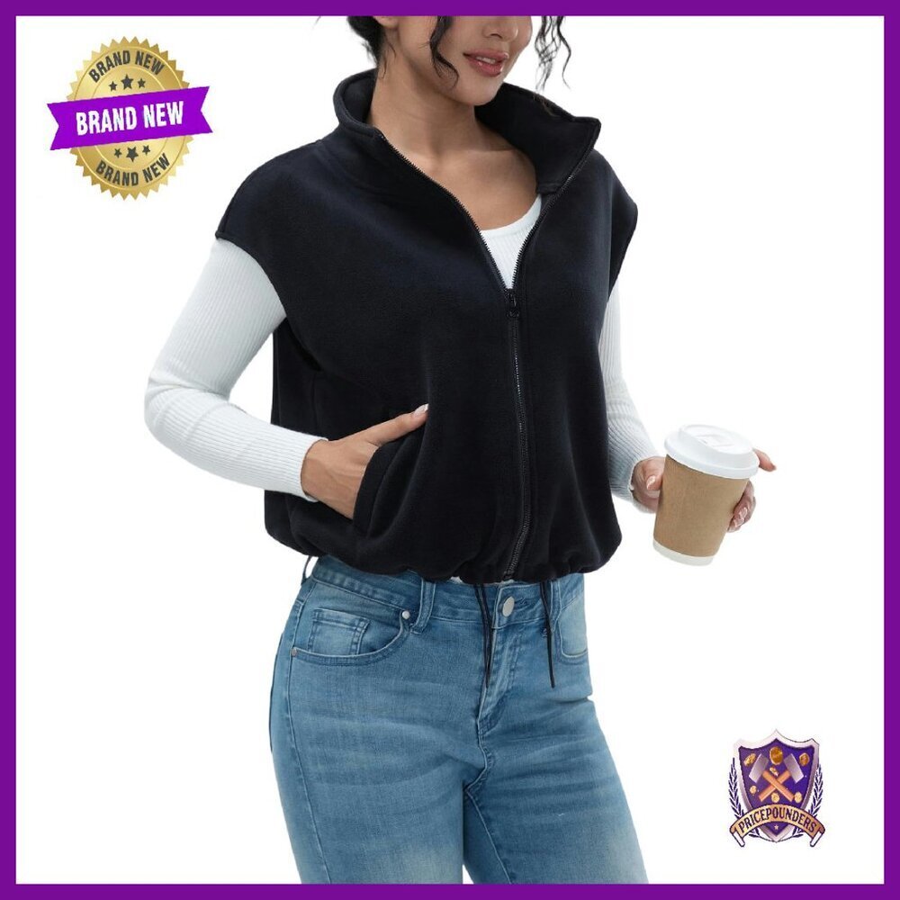 Women's Full Zip Fleece Vest Stand Collar Cropped Winter Warm